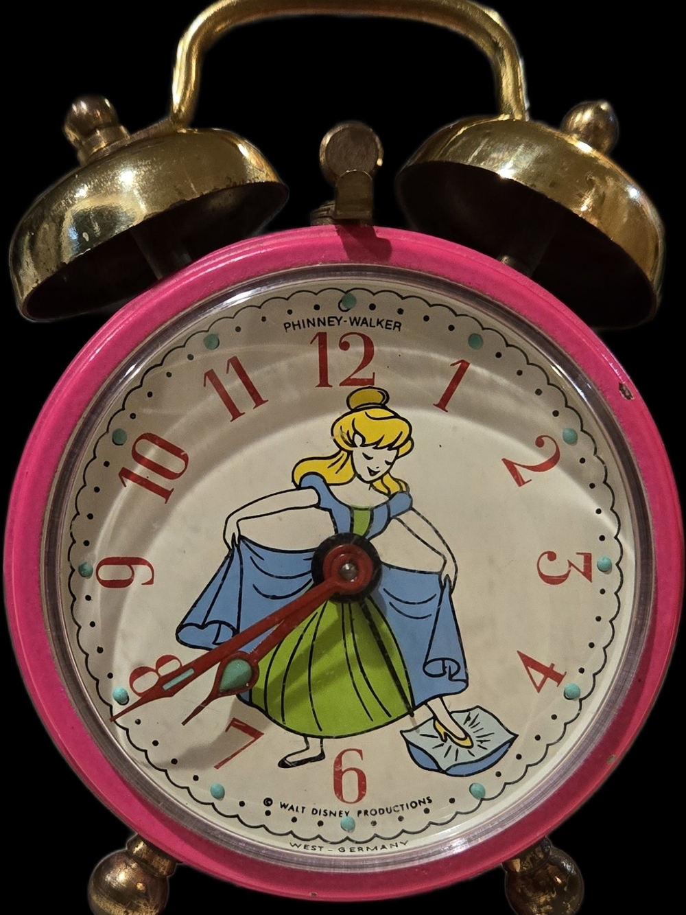 Phinney-Walker Disney Pink Cinderella Alarm Clock In Hot Pink With Brass Bells.